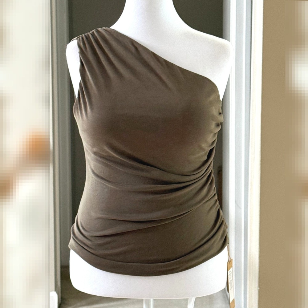 OGL Sandwashed One Shoulder Ruched Bra Tank Olive Brown Large